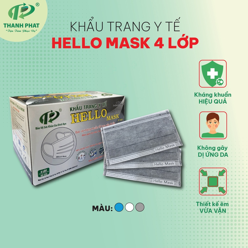 Khẩu Trang Y Tế HELLO MASK Chất Liệu Vải Tự Nhiên 4 Lớp 50 Cái