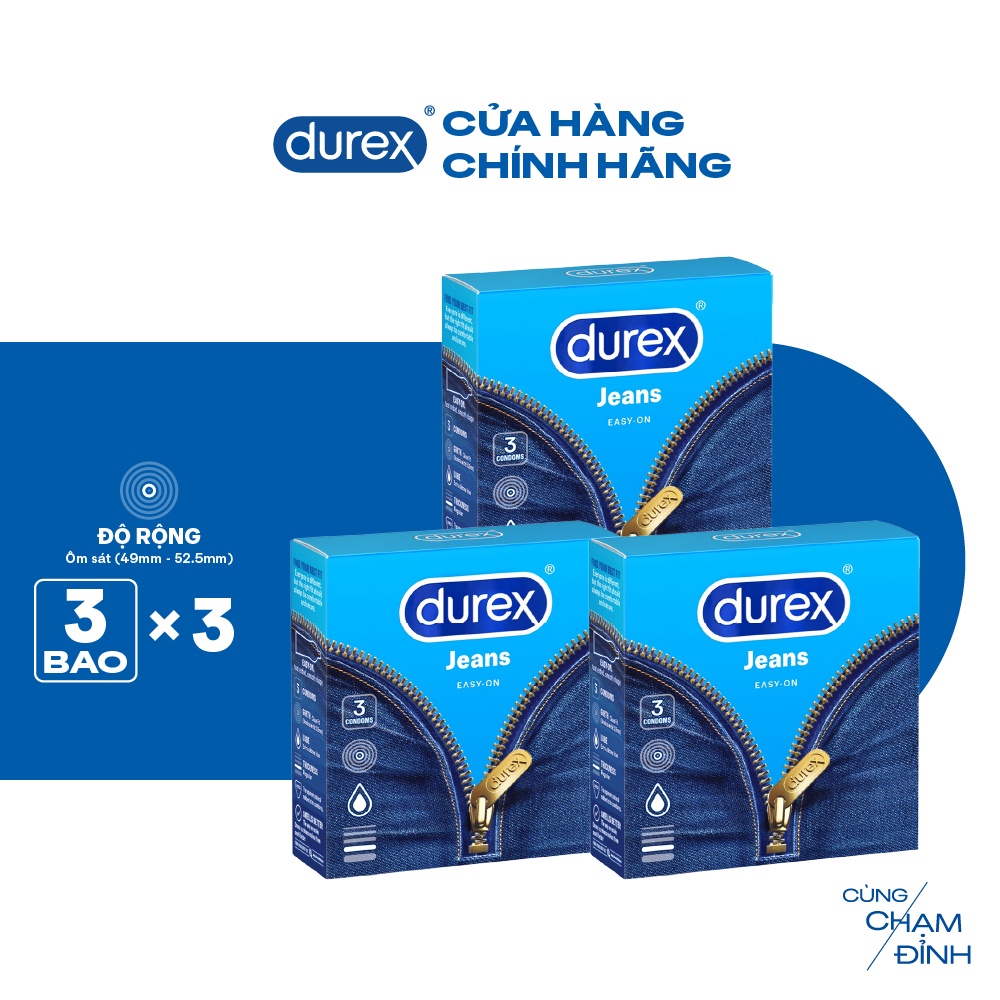 Bộ 3 hộp bao cao su Durex Jeans cơ bản, bôi trơn (size 52.5mm, 3 bao/hộp)