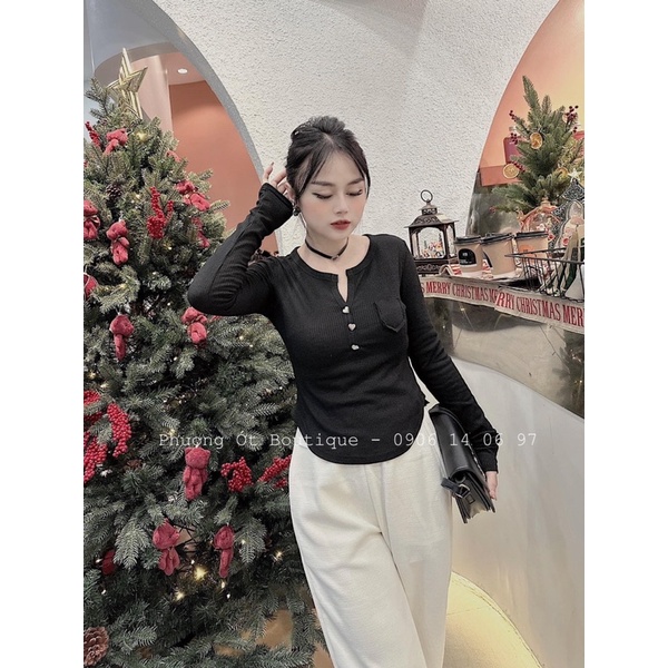 Áo thun gân tăm nút gài dài tay form ôm body, Áo dài tay vạt bầu phối khuy nữ Thun kiểu dáng ôm body bánh bèo tiểu thư