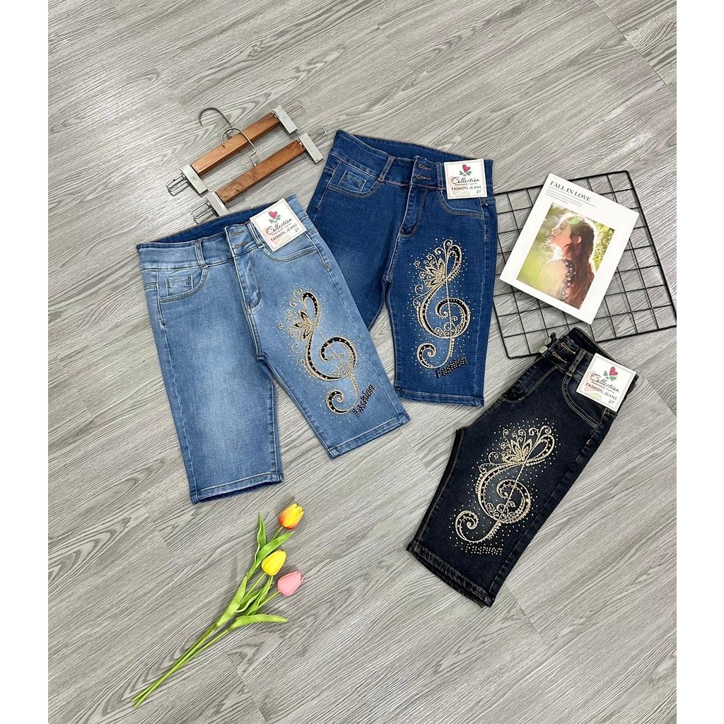 Quần jean lửng gối nữ thêu nốt nhạt hàng co giãn đính hạt