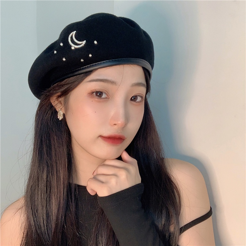 Mũ Beret Len Màu Đen Đính Đá Thời Trang Thu Đông Dành Cho Nữ