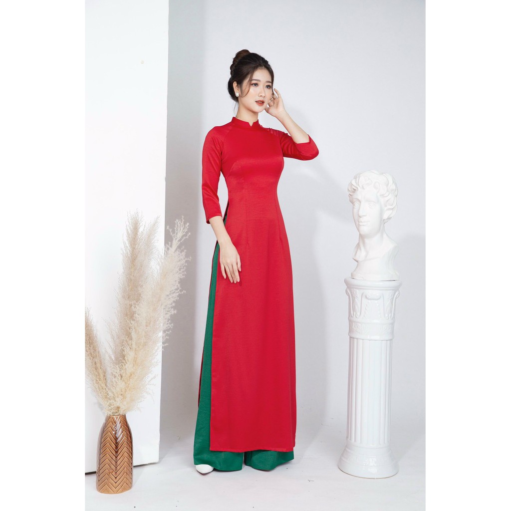 Áo dài đỏ trơn truyền thống vải Tây Thi co giãn kiểu Cổ Cao may sẵn 2 tà mặc đám cưới hỏi lễ tết đẹp cân nặng 40-70kg