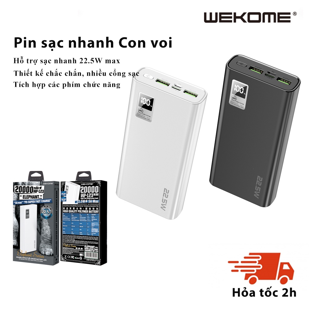 Pin sạc nhanh, dự phòng 22.5W max, pin con voi màn hình LED WEKOME 121 123 10000  20000mAh Phù hợp mọi loại điện thoại