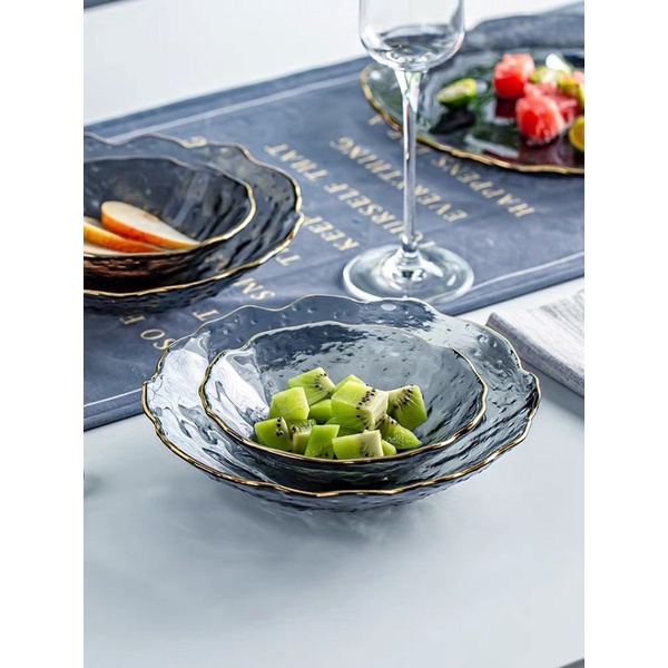 Đĩa thủy tinh cao cấp ghi xám đen viền vàng,để hoa quả,salad,bánh kẹo