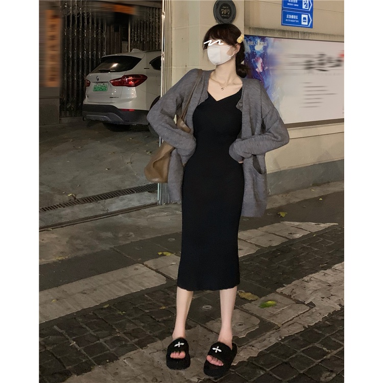 Đầm Dệt Kim Tay Dài Cổ Chữ V Dáng Ôm Thời Trang Mùa Thu Phong Cách Hàn Quốc Cho Nữ