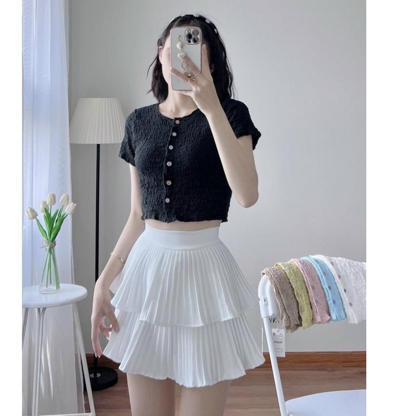 Áo kiểu tay ngắn cổ tròn phối nút nhiều màu chất đũi xốp co dãn form croptop ôm dáng - AO0158