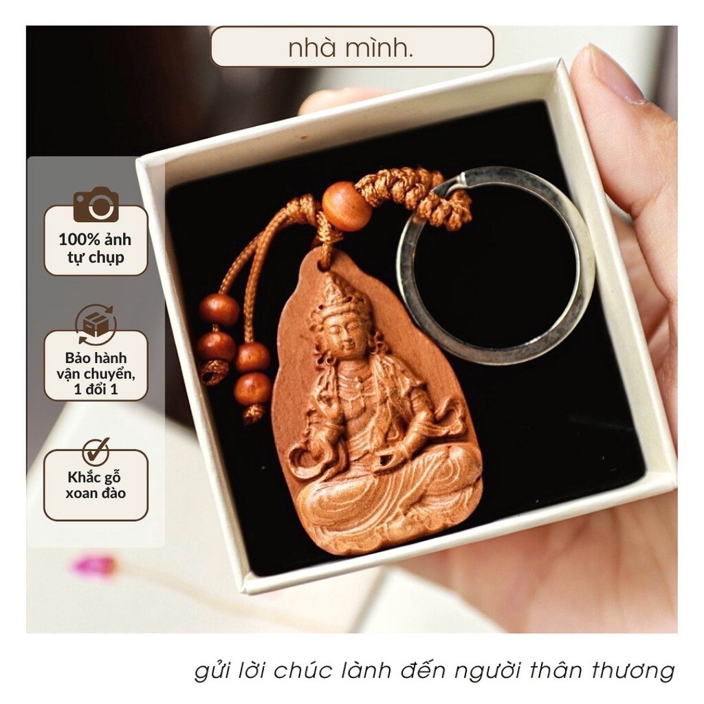 Móc Khoá Quan Âm Bồ Tát, Khắc 1 Mặt Bằng Gỗ Xoan Đào Phong Thuỷ Bình An