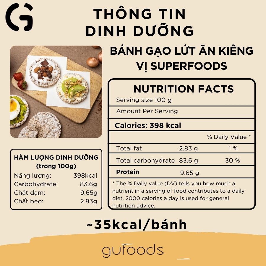 Bánh gạo lứt superfoods GUfoods - Mix siêu hạt chia + diêm mạch + yến mạch (300g/35g) - Ăn kiêng, Tập gym, Thực dưỡng