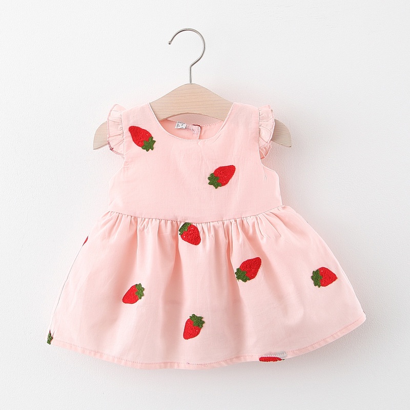 Đầm Cotton Không Tay Thêu Họa Tiết Dâu Tây Nhỏ Xinh Thoải Mái Thời Trang Mùa Hè Mới Cho Bé Gái 0-2 Tuổi
