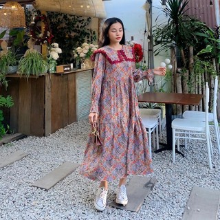Đầm hoa maxi phối cổ ren vuông