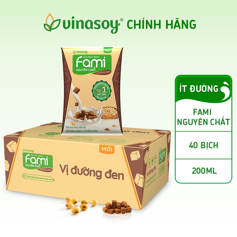 Thùng Sữa đậu nành Fami Nguyên Chất vị Đường đen (40 bịch x 200ml) - Vinasoy