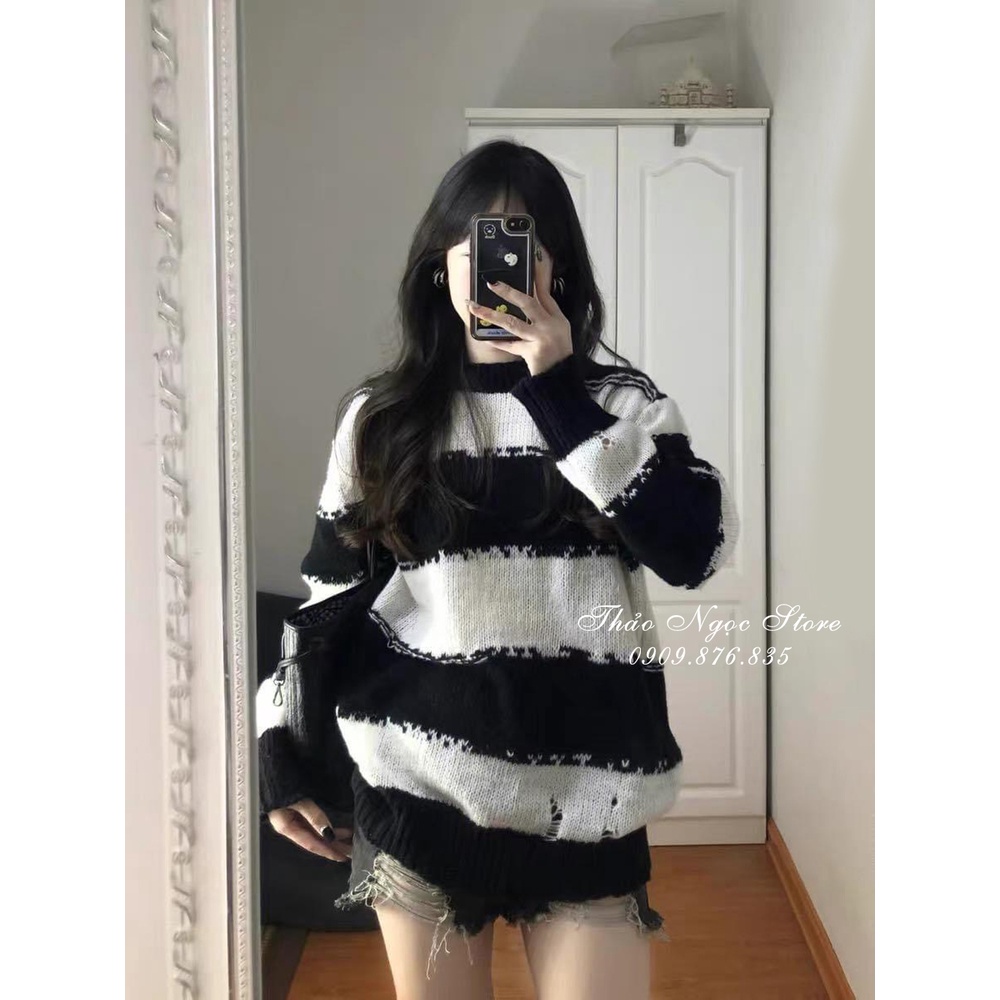 Áo len nữ tay dài sọc rách form rộng hàng nhập QC!  THẢO NGỌC STORE