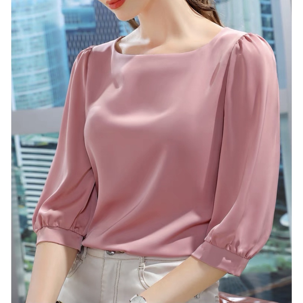 Áo Sơ Mi trung niên nữ U30 U40 U50, Áo Nữ Cổ Vuông Cao Cấp Vải Lụa Satin siêu đẹp HT _ Thời Trang Trung Niên