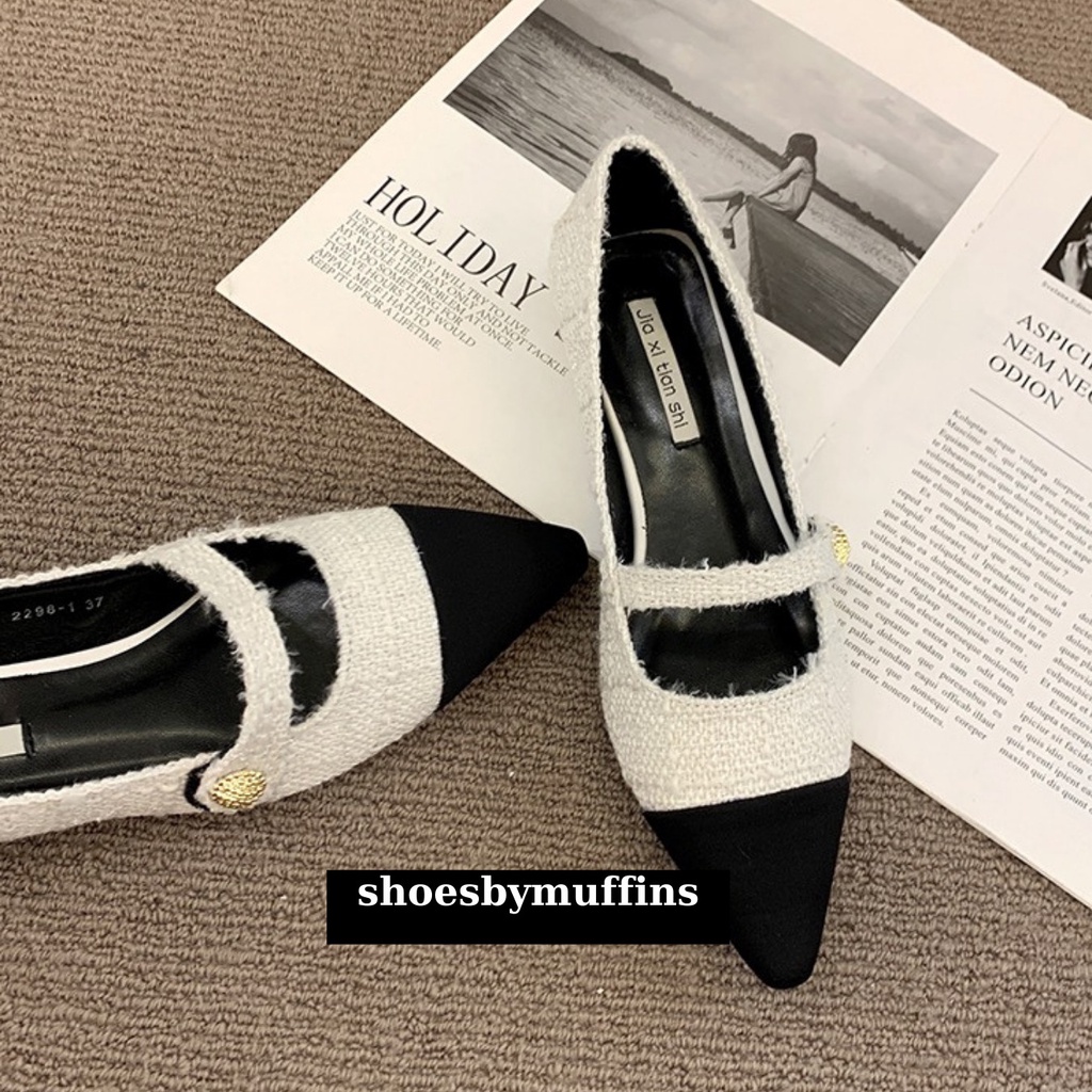 Giày búp bê mũi nhọn dạ tweed họa tiết phối màu phong cách tiểu thư sang chảnh