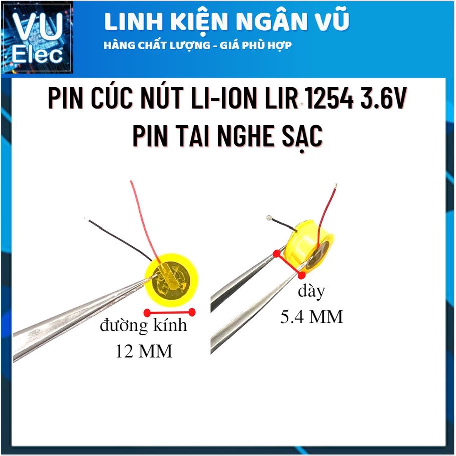 Pin Cúc Nút Li-ion LIR1254 3.6V 65mAh cho Tai Nghe Bluetooth, Máy Trợ Thính, Máy Trợ Giảng có thể sạc lại