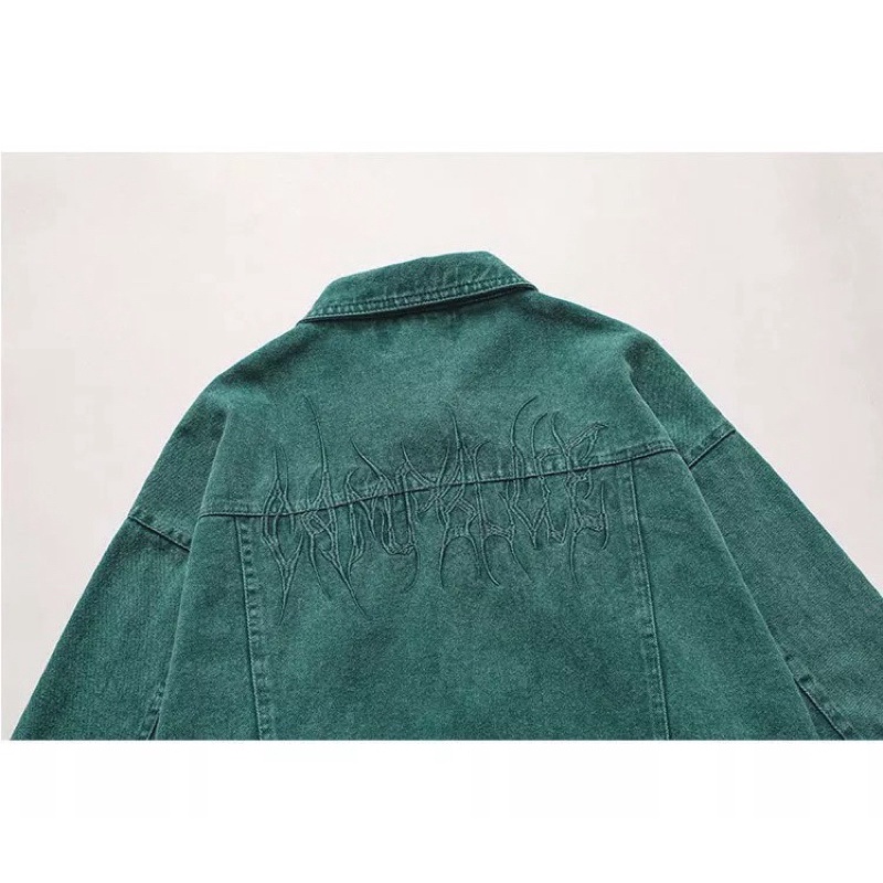 Áo Khoác Jeans Nam Nữ From Rộng Màu Xanh Lá Đậm Hình Thêu Nổi ,Áo Bò Thời Trang Unisex Phong Cách Trẻ Trung
