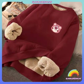 Áo hoodie dày dặn lót nhung đỏ son nữ thu đông nhung cừu