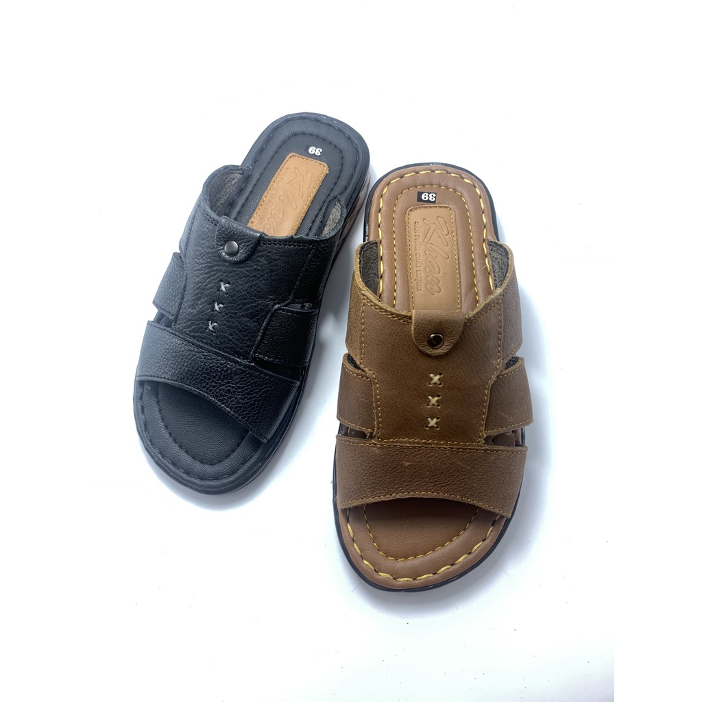 Dép nam da bò 3 quai xẻ rãnh , khâu chỉ 3 dấu nhân , khâu chỉ chắc chắn , 2 màu đen và bò , Q