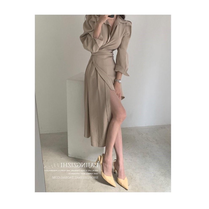 VÁY ĐẦM MÀU NÂU NUDE VẠT LỆCH TAY BỒNG THIẾT KẾ ĐỘC LẠ CHẤT KHÔNG XÙ NHÃO