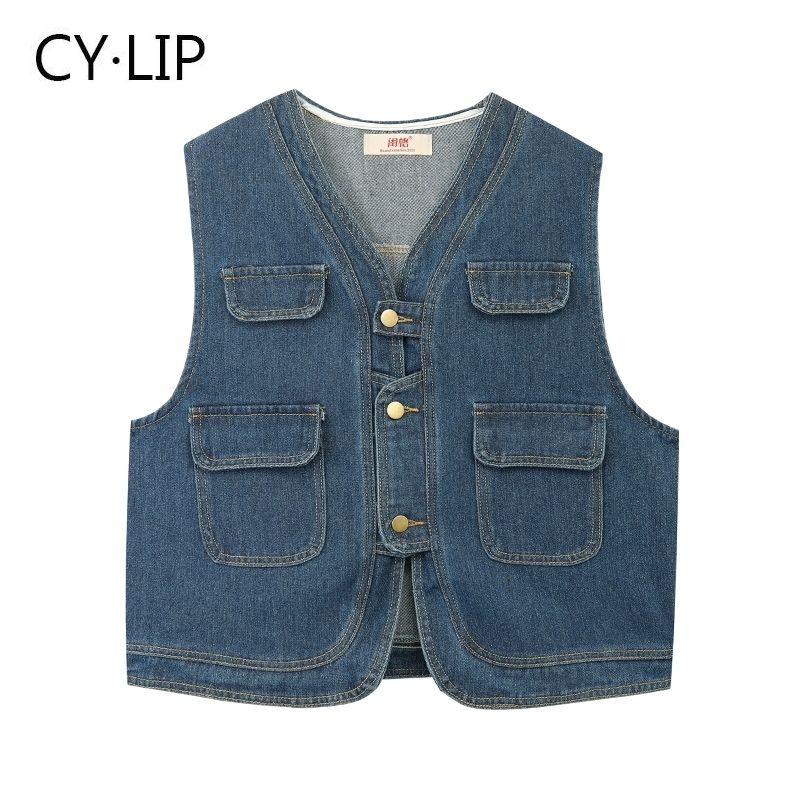 Áo Khoác Denim Sát Nách Dáng Rộng Cổ Chữ v Thời Trang Công Sở