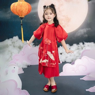 Áo dài cho bé gái cách tân họa tiết hoa sen tay bồng chất tơ óng mềm mại màu sắc nhẹ làn da bé gái Ilaby AG001