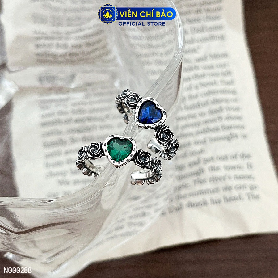 Nhẫn bạc nữ hoa hồng trái tim xanh chất liệu bạc 925 thời trang phụ kiện trang sức Viễn Chí Bảo N000288