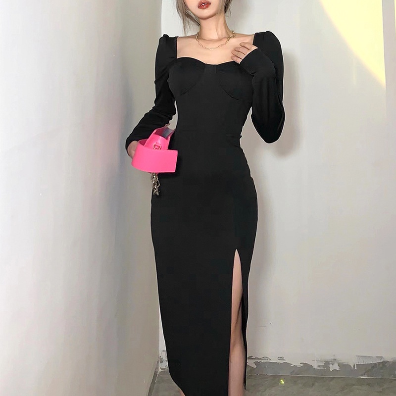 PunkyRabbit Đầm Tay Dài Xẻ Bên Cổ Vuông Thanh Lịch Bằng Sợi Polyester Ôm Body Cho Tiệc Cocktail