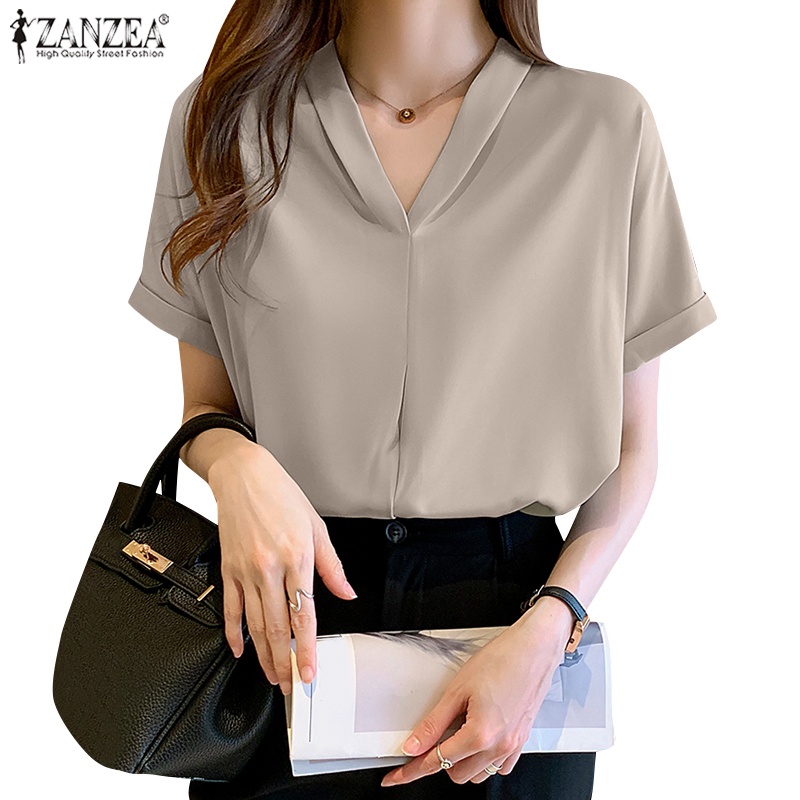 Áo sơ mi ZANZEA tay ngắn cổ chữ v màu trơn thời trang dành cho nữ