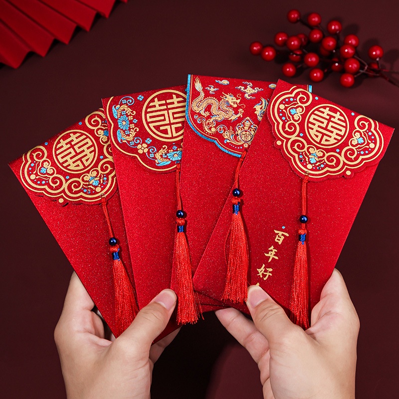 Bao Lì Xì Năm Mới 2023 Đính Tua Rua Màu Đỏ Sang Trọng