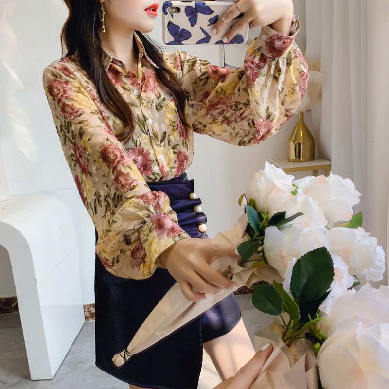 Áo Sơ Mi Chiffon Tay Dài Dáng Rộng In Họa Tiết Hoa Thời Trang Mùa Hè Xinh Xắn Cho Nữ