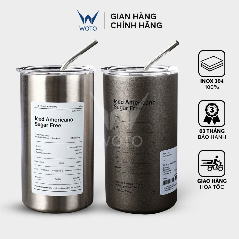 Ly giữ nhiệt iced americano inox 304 thể tích 600ml - Cốc nước giữ nhiệt có ống hút tiện lợi WOTOCUP