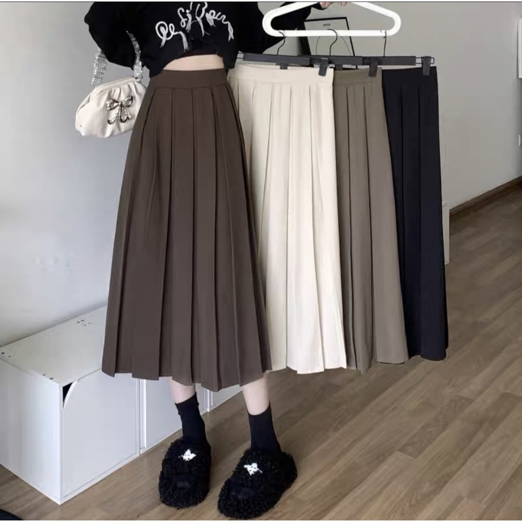 Chân váy Midi xòe dáng dài xếp ly to