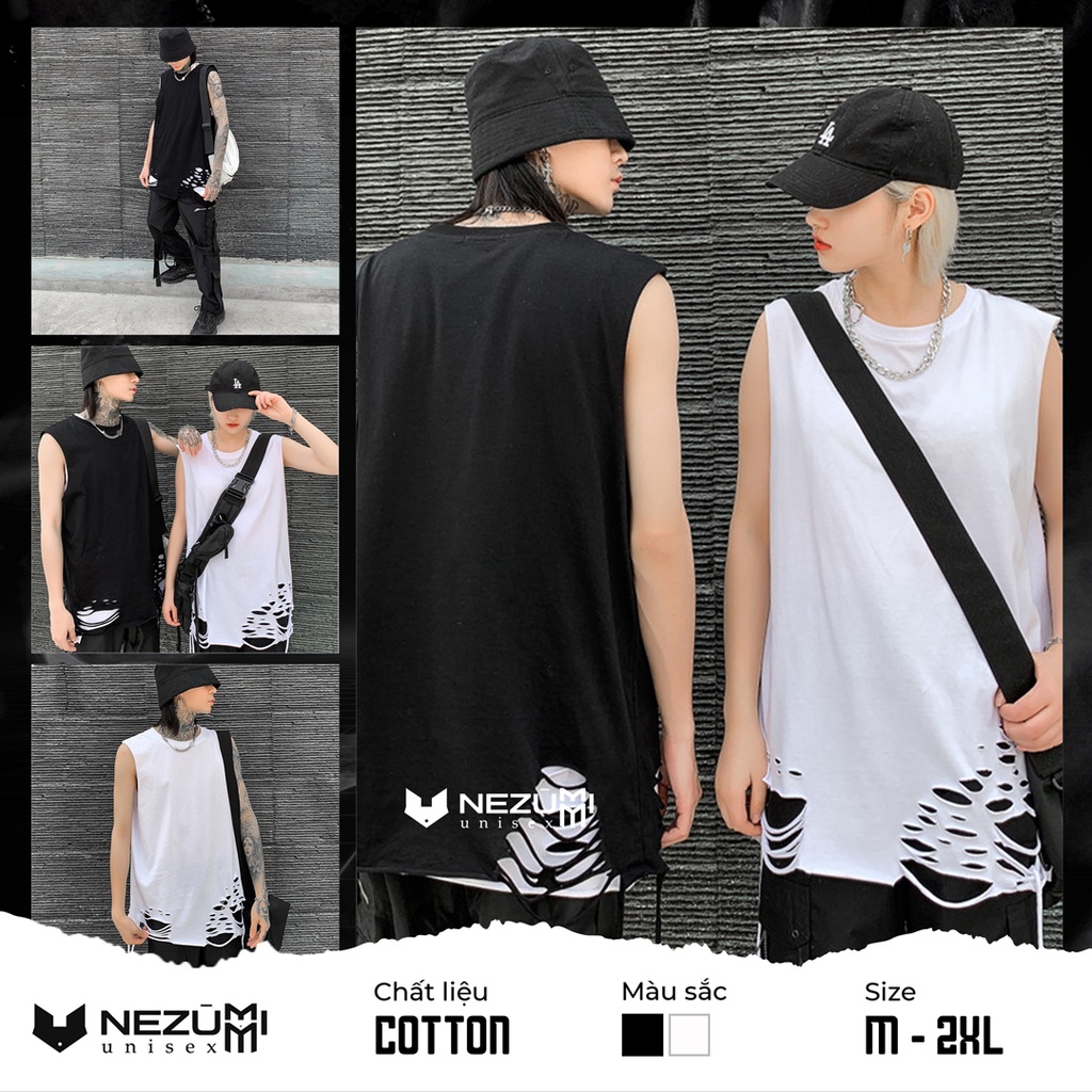 (Sẵn đen, trắng) Áo thun tanktop rách gấu tạo layer đen trắng - Áo ba lỗ bóng rổ