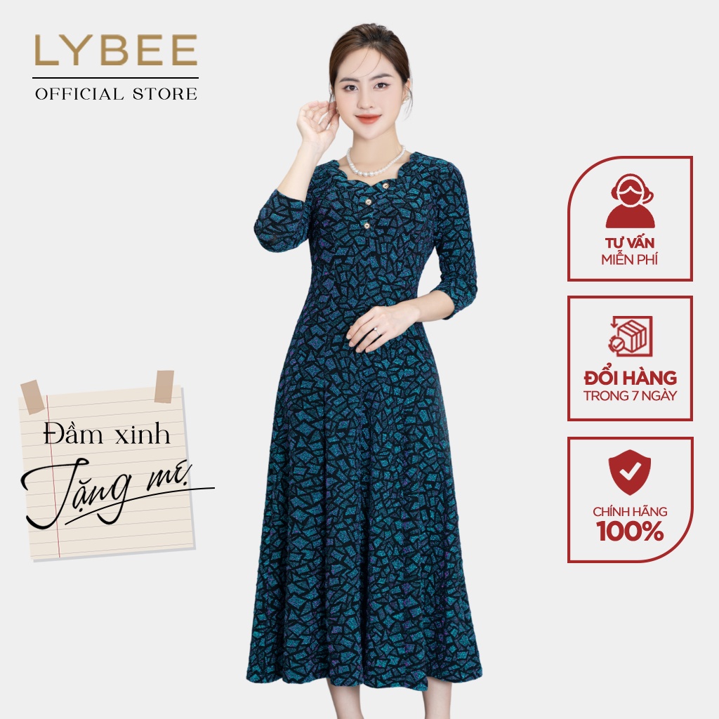 Đầm trung niên nữ thiết kế LYBEE LV816 cổ sóng thời trang cho mẹ chất thun kim sa ánh nhũ co giãn cao cấp