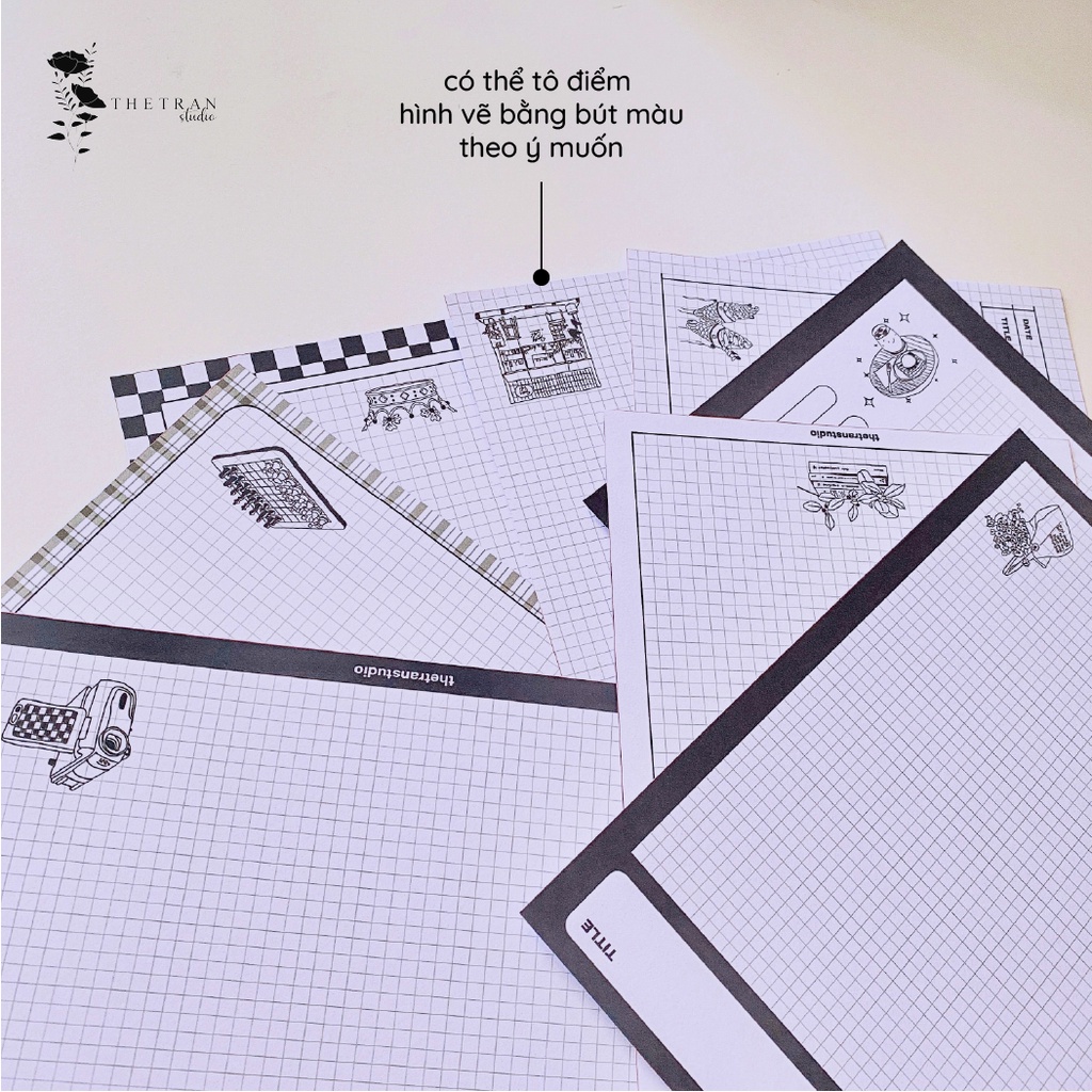 Bộ 10 tờ giấy ghi chép kẻ caro - A4, B5, A5, A6 - dọc, ngang trắng đen / silent world notepad / thetranstudio