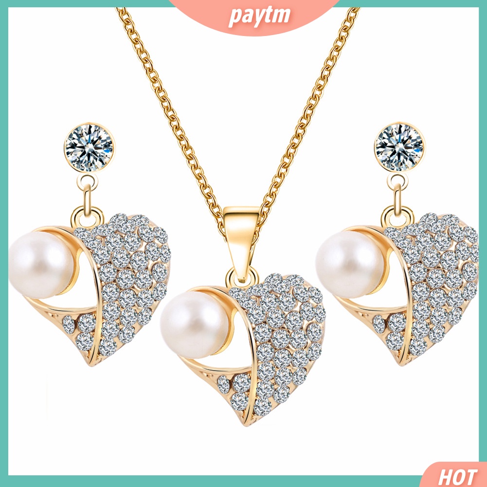 (PTM) Bộ dây chuyền + khuyên tai đính ngọc trai nhân tạo thời trang