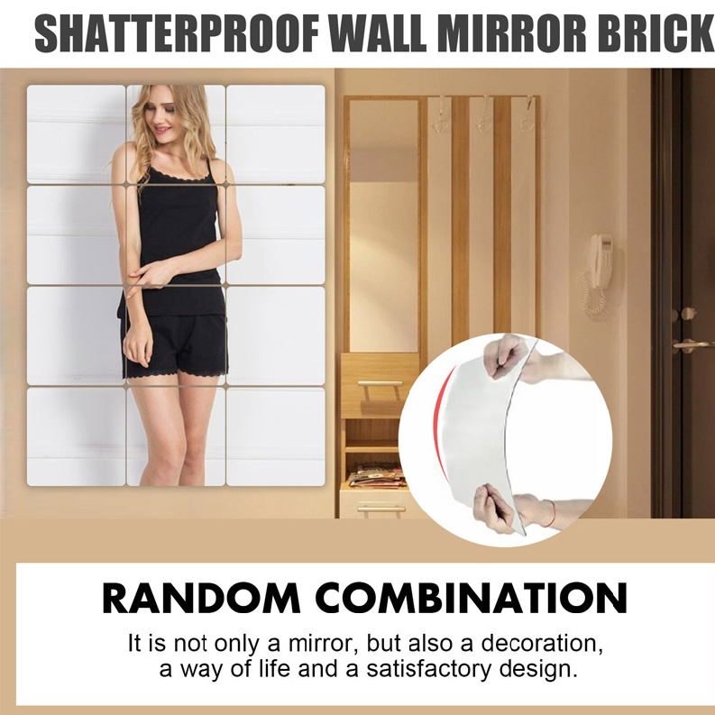 12pcs/Set Shatterproof Wall Mirror Tiles Self Adhesive Acrylic Mirrors