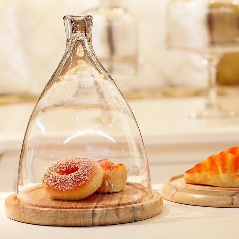 Úp bánh thủy tinh, kèm khay gỗ, chụp thủy tinh, bảo quản đồ ăn, hoa quá trang trí, bát đĩa nhà hàng