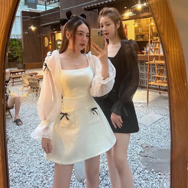 Váy dạ phối voan cổ trắng nơ cánh tiên đi tiệc đầm đi tiệc sang chảnh