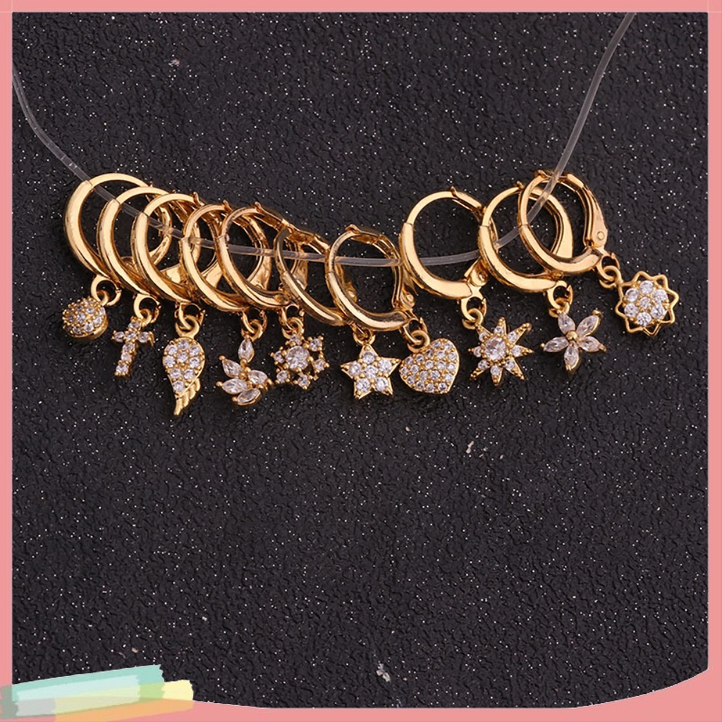 【LK】1Pc Women Cubic Zirconia Inlaid Cross Heart Flower Dangle Huggie Earring Jewelry