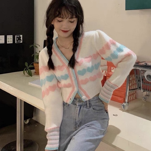 Áo khoác len nữ THU ĐÔNG Cardigan dệt kim CÀI NÚT tay dài phối TRÁI TIM xinh xắn