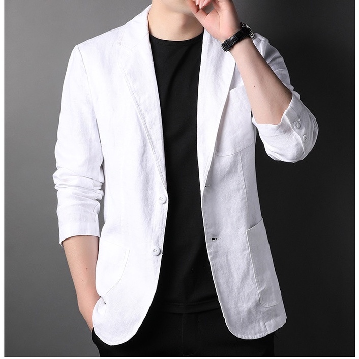 Áo khoác blazer nam ,áo vest màu trắng phong cách Hàn Quốc chất liệu linen cao cấp