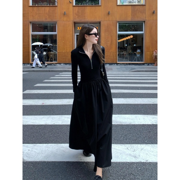 Đầm Đen Tay Dài Cổ Bẻ Có Khóa Kéo Phong Cách Pháp Thời Trang Mùa Thu Cho Nữ