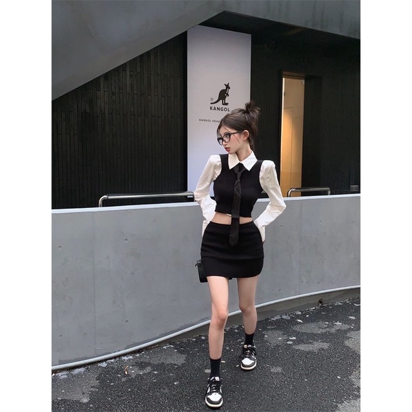 Set 3 Món Áo Sơ Mi Trắng Croptop & Áo Len Sát Nách Hở Lưng & Chân Váy Ngắn Ôm Kèm Cà Vạt