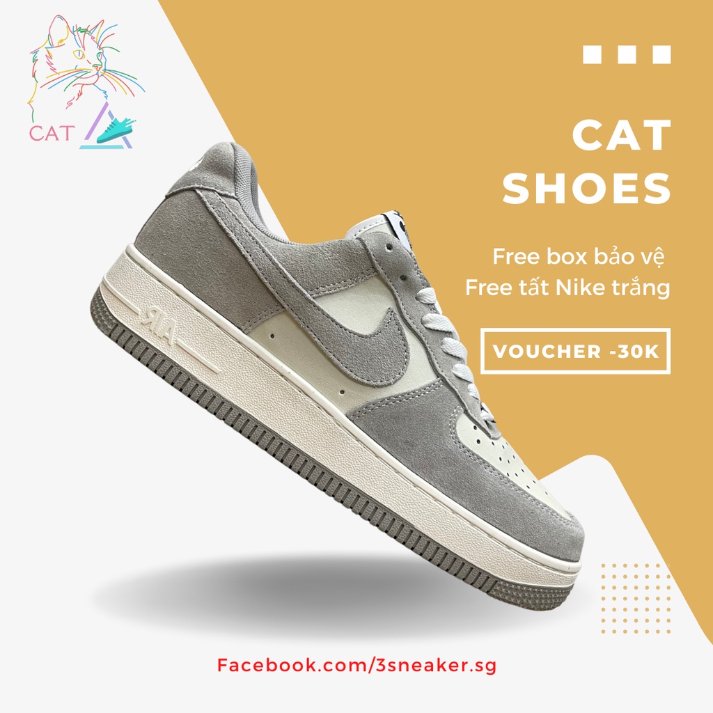 Giày Nike Air Force 1 Suede Grey, AF1 Xám Da Lộn; Full Box, Phụ Kiện, Tặng Vớ Trắng