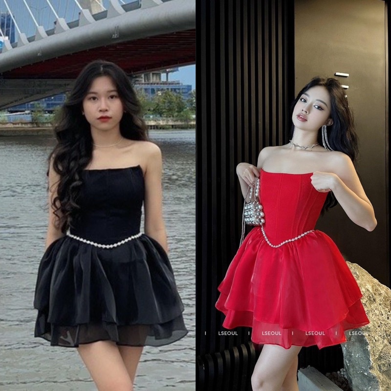 Đầm ống đen sheer tầng eo đính đá (về thêm đỏ)