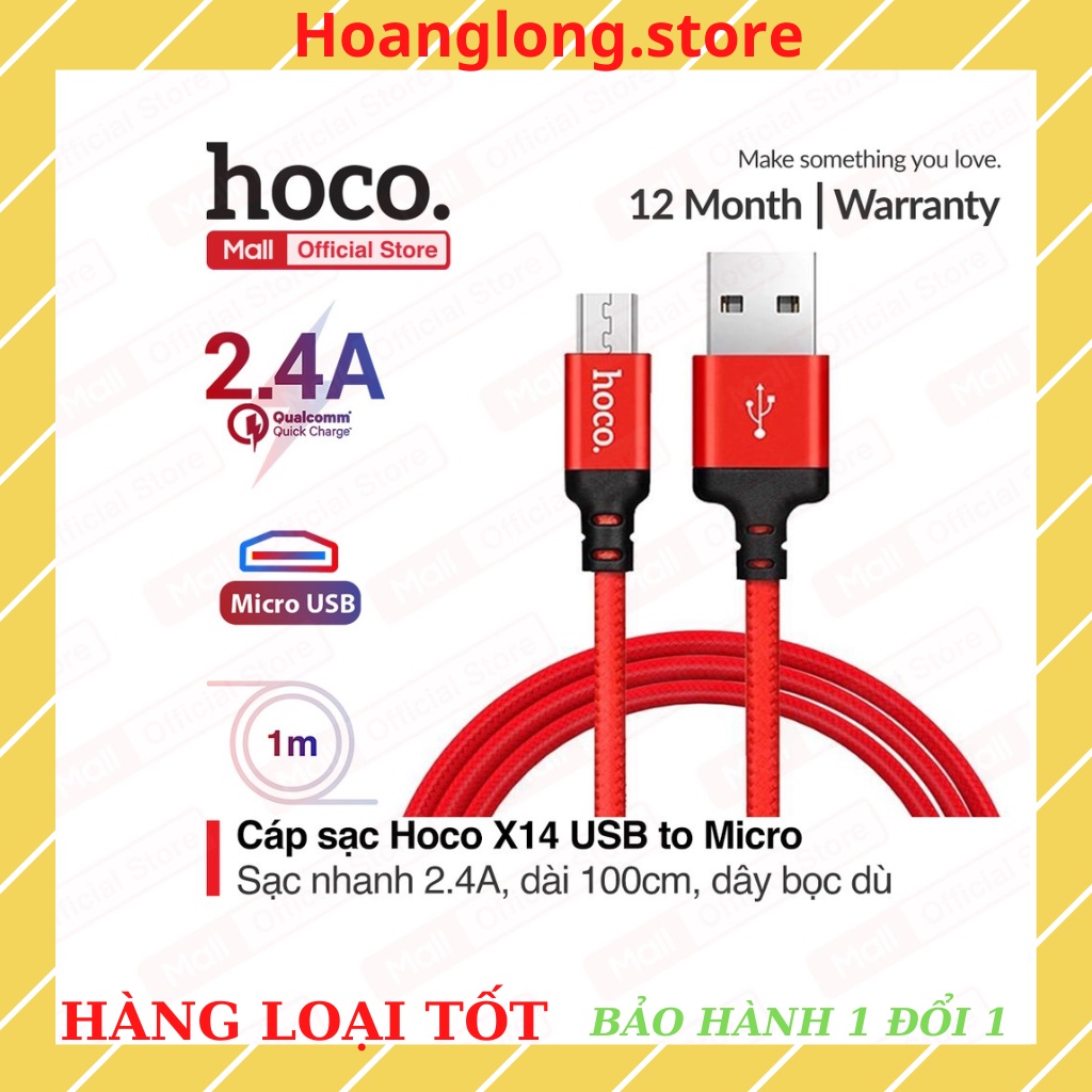 Dây sạc ip/Micro/Type C Hoco X14 sạc nhanh ip,hỗ trợ sạc nhanh IP6/7/8/x/xs/11 sạc IPdài 1m,2m