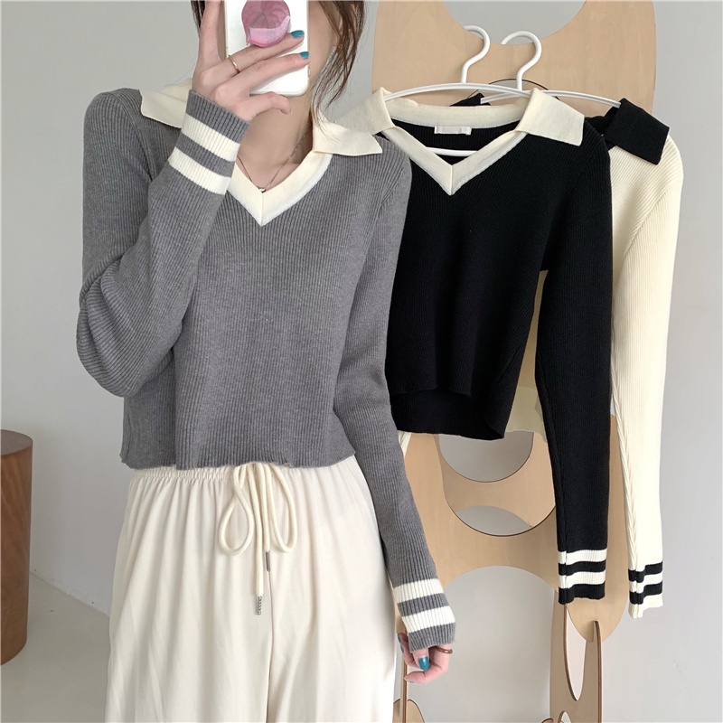 NRVP Áo nữ tay dài màu sắc tương phản phong cách Hàn Quốc mới 2023