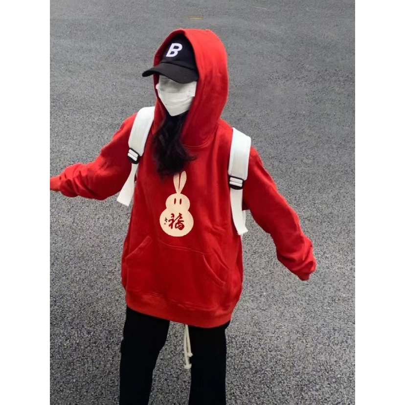 NRVP Áo Thun Nỉ Tay Dài In Hình Thỏ Năm Mới 2023 Phong Cách Hàn Quốc Thời Trang Mùa Đông Cho Nữ