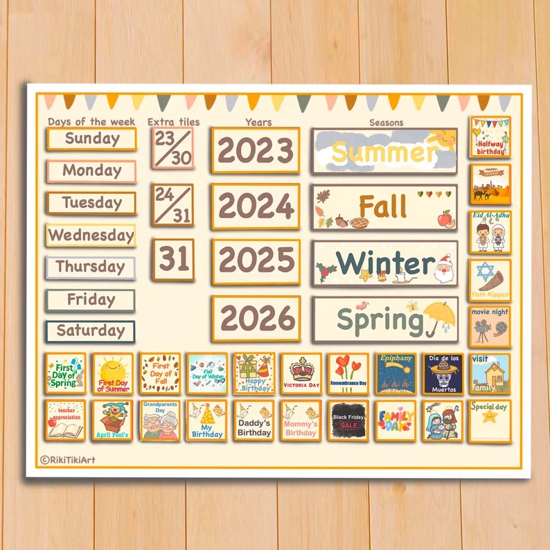 HỌC LIỆU bóc dán Montessori ngày tháng năm thời tiết mùa cho bé - Kids Calendar